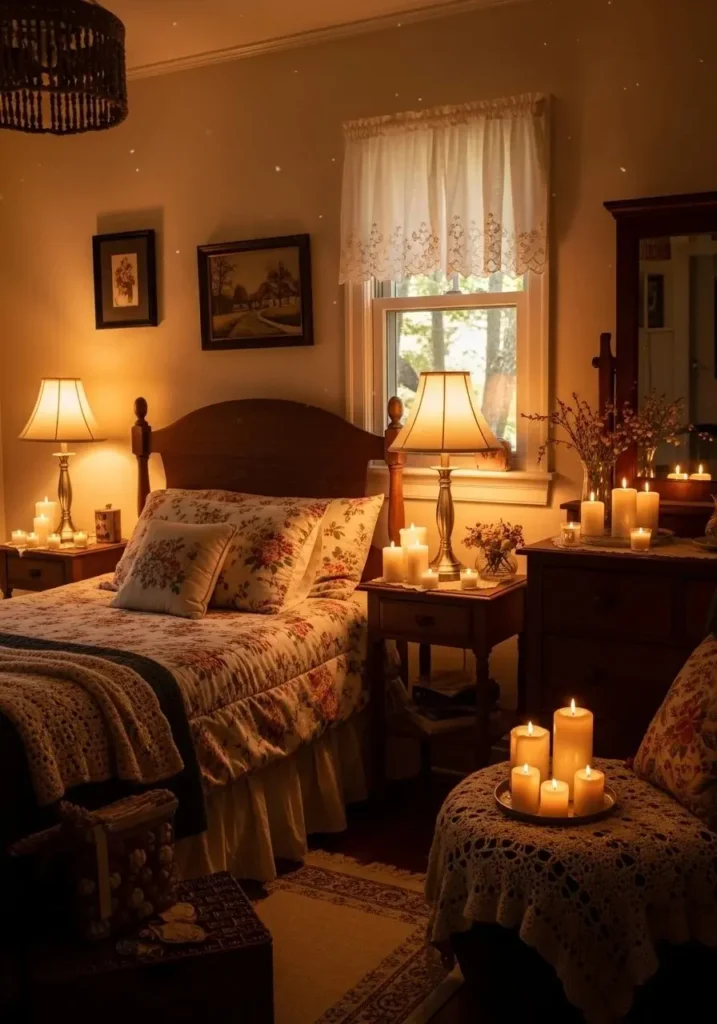 Cozy vintage bedroom with soft lamps and candles, creating warm, ambient lighting.