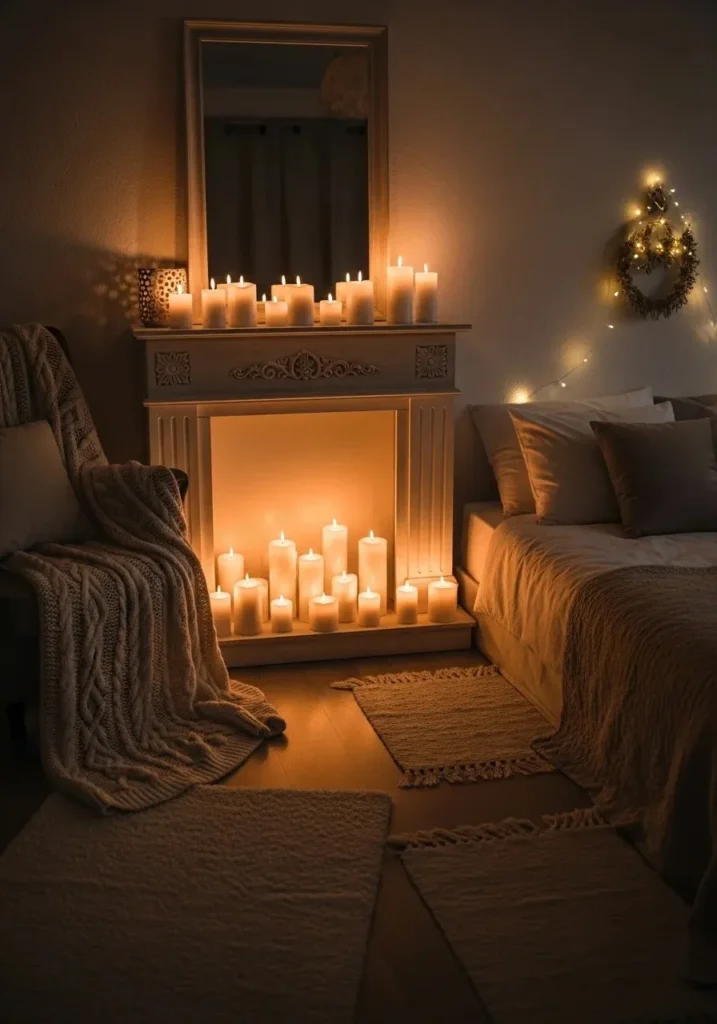 Faux fireplace with candles creating cozy bedroom ambiance