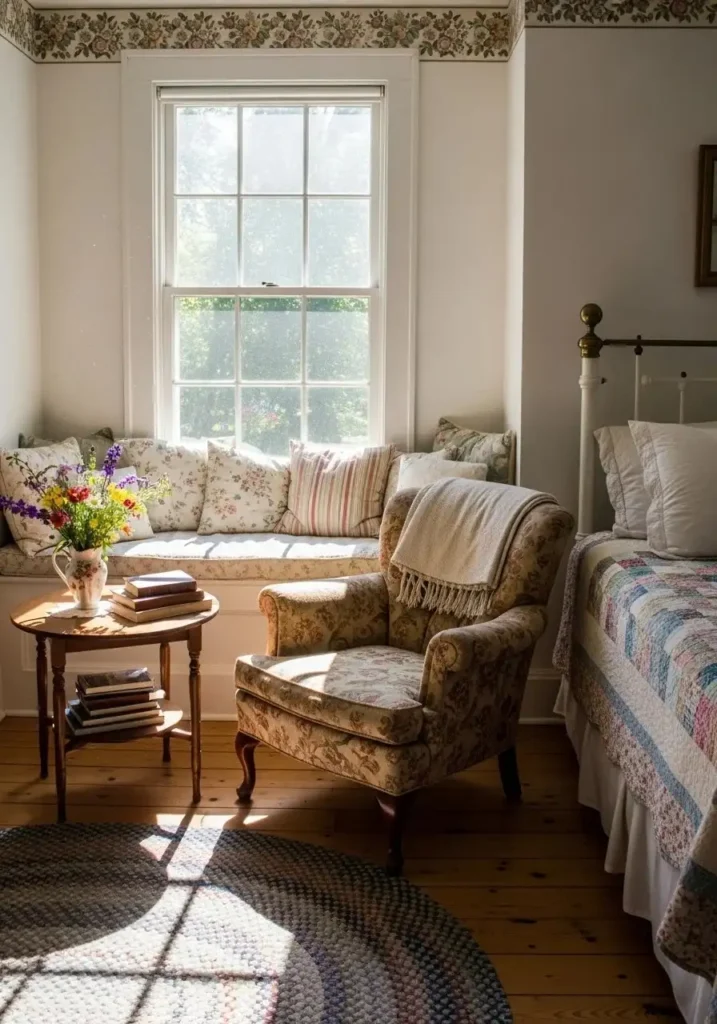 Charming vintage cottage bedroom reading nook with armchair, cushioned window seat, and small side table.