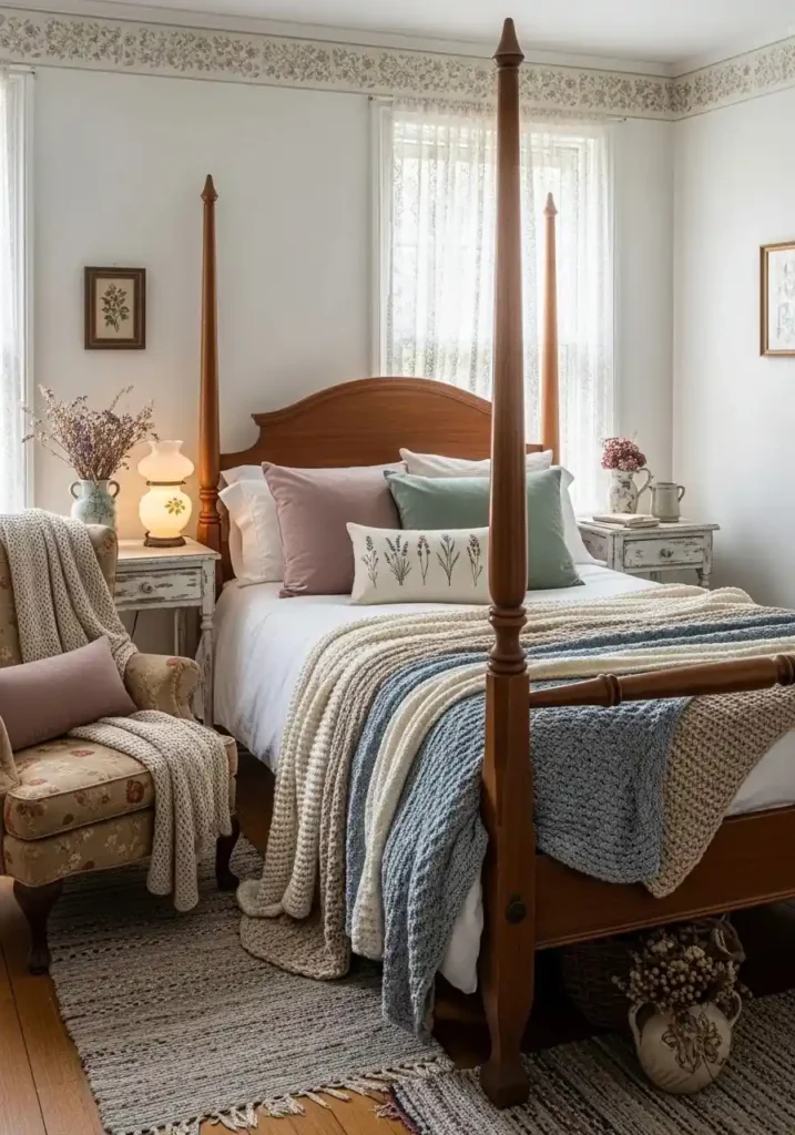 Cozy vintage bedroom featuring textured throw blankets and pastel cushions on a wooden bed.