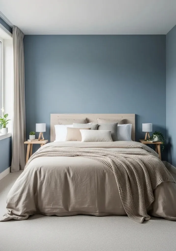 Dusty blue and beige bedroom for a calm and serene relaxing space