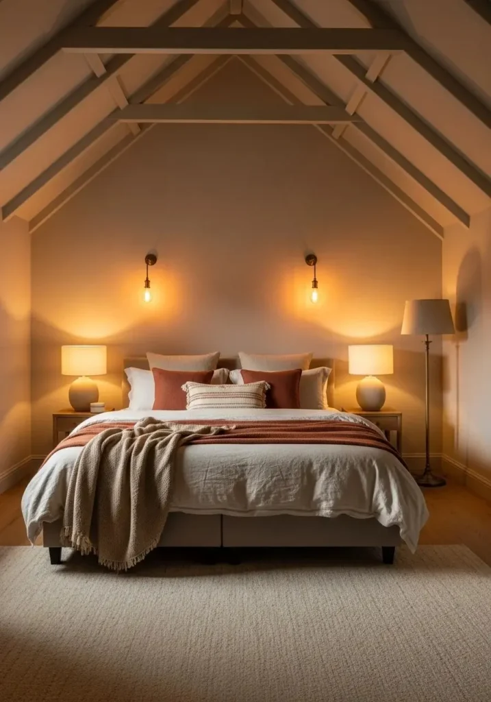 vaulted ceiling bedroom layered lighting cozy setup