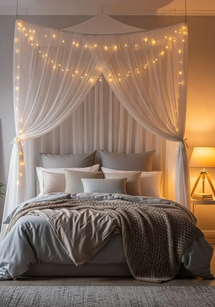 Cozy canopy bed with fairy lights draped for a dreamy, intimate bedroom atmosphere.