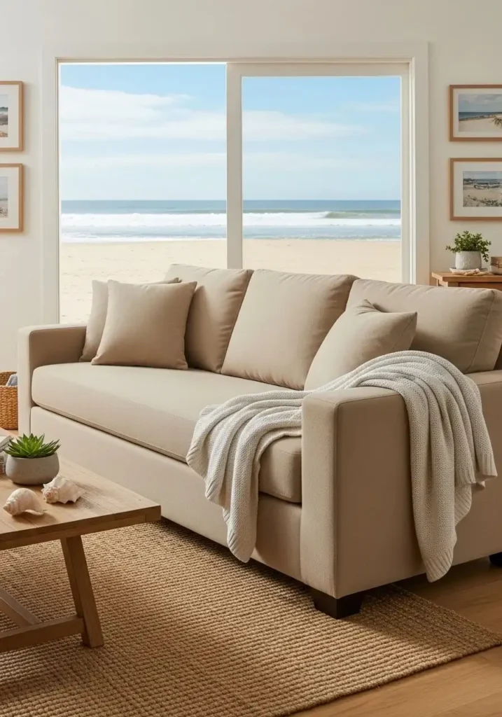 Cozy throw blanket in beach living room adding warmth and comfort
