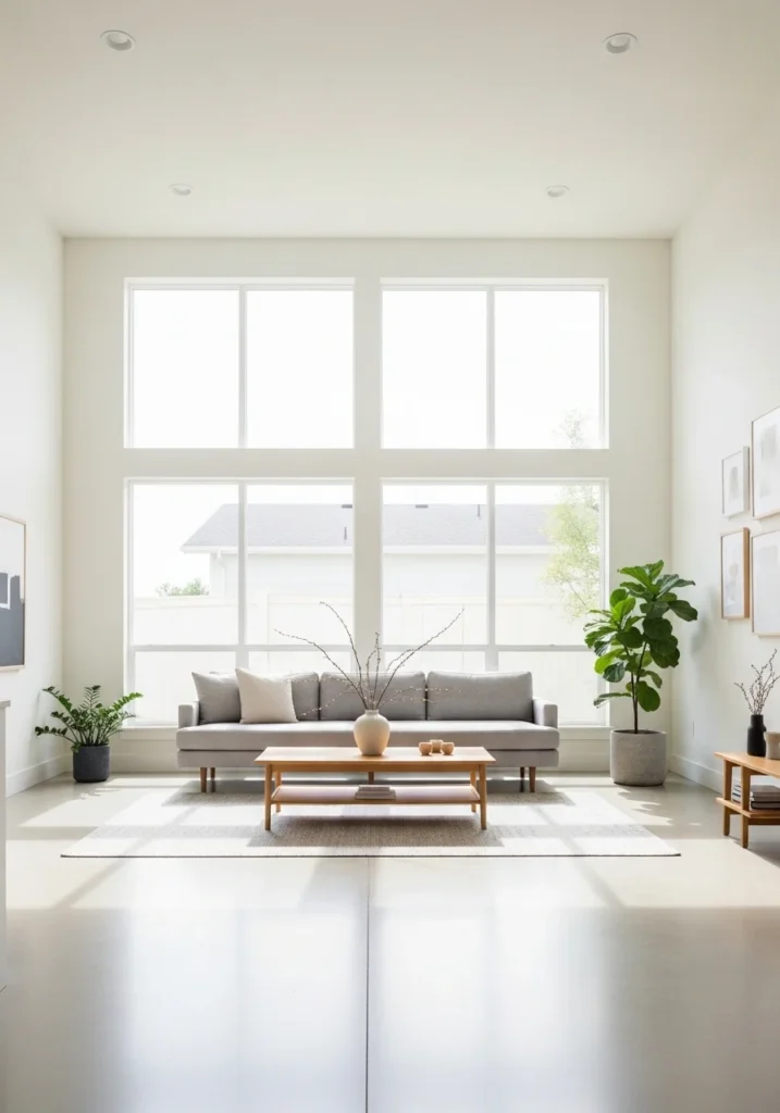 Japandi living room with low furniture, simple coffee table, and open layout for a grounded feel.