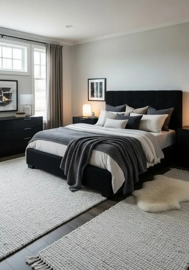 black furniture with textured rug cozy bedroom idea