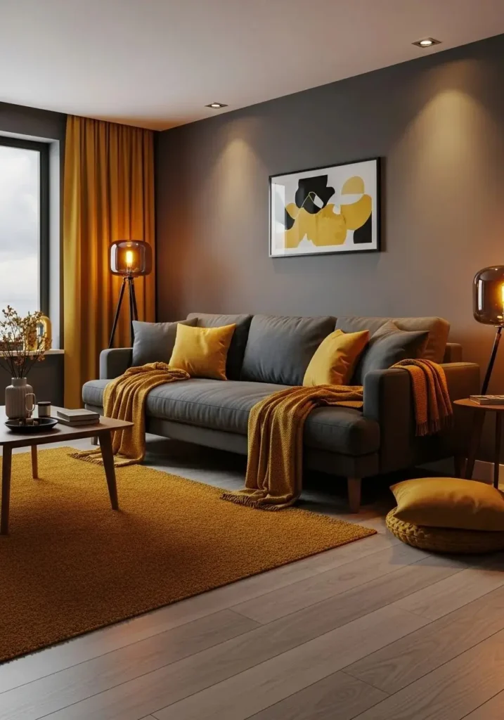 Charcoal and mustard living room with bold, warm accents.