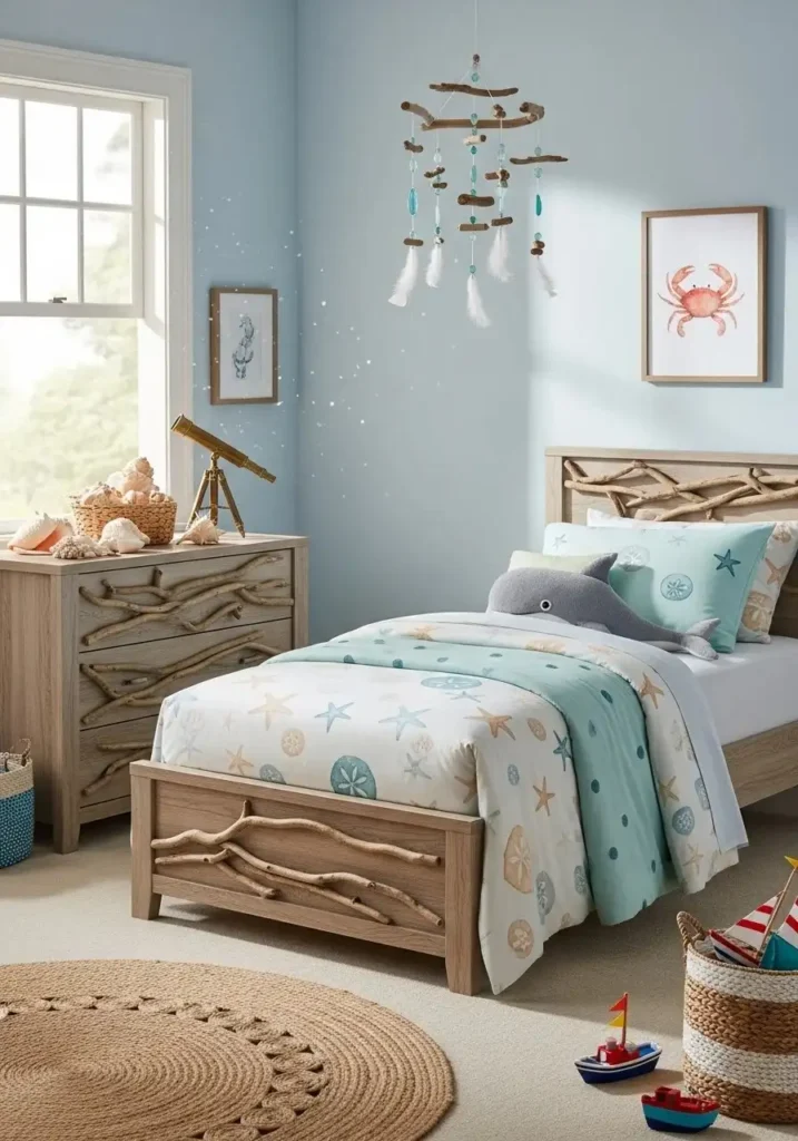 Coastal bedroom with driftwood furniture, pastel bedding, and natural beach-inspired accents