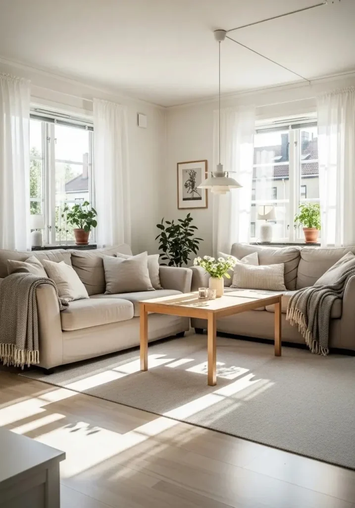 Calm living room with beige sofas, white walls, linen cushions, and light wood accents.