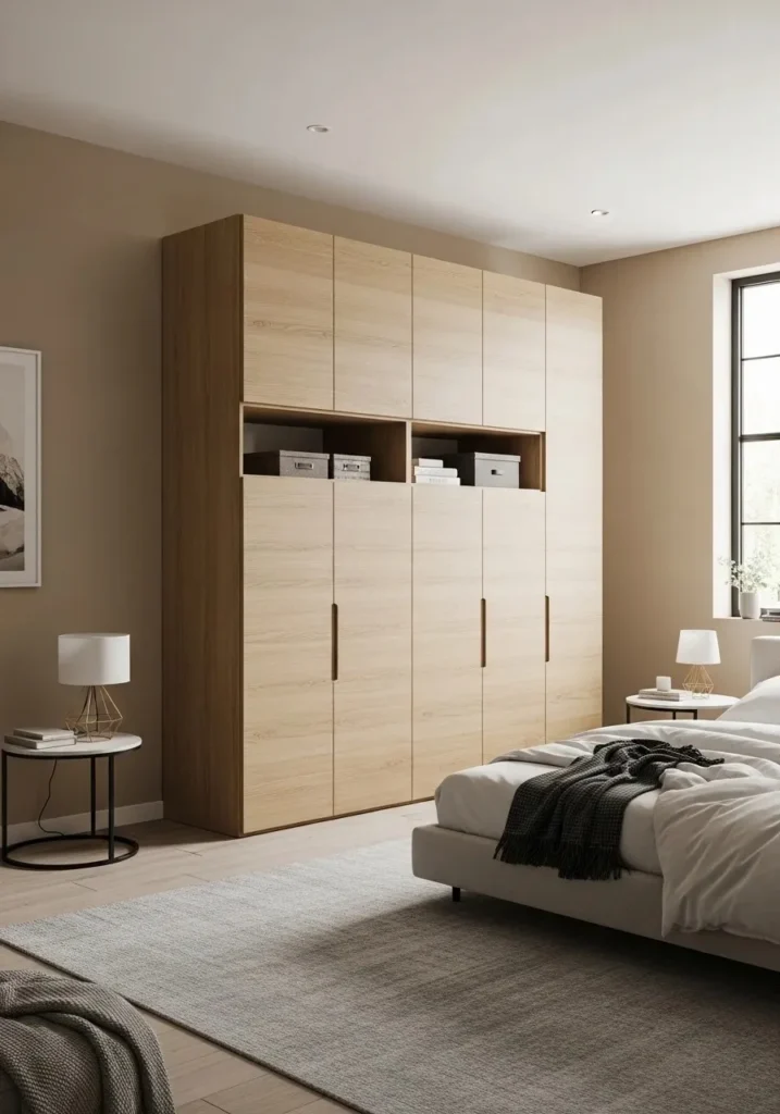 Floor-to-ceiling wardrobe maximizing storage in a modern bedroom