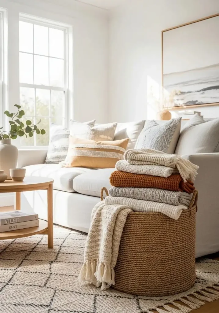 Japandi living room with woven basket for storage and added texture.