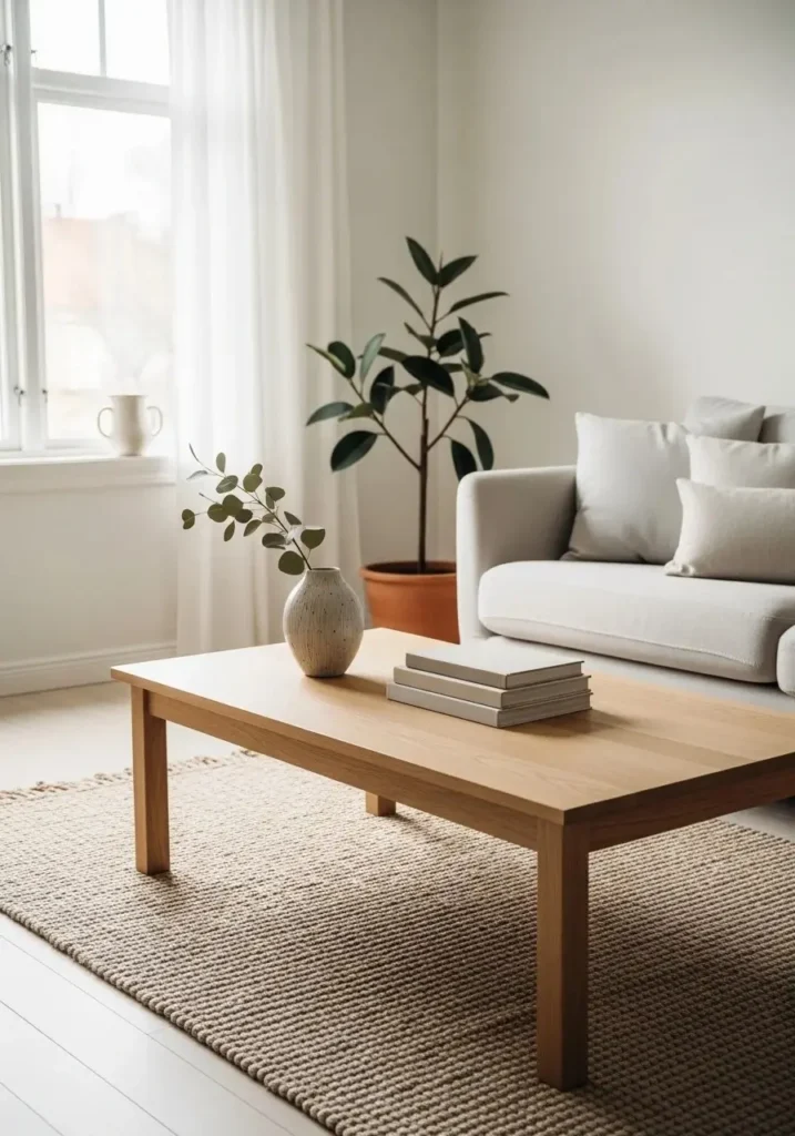 Low natural wood coffee table in a Japandi living room with minimal decor.