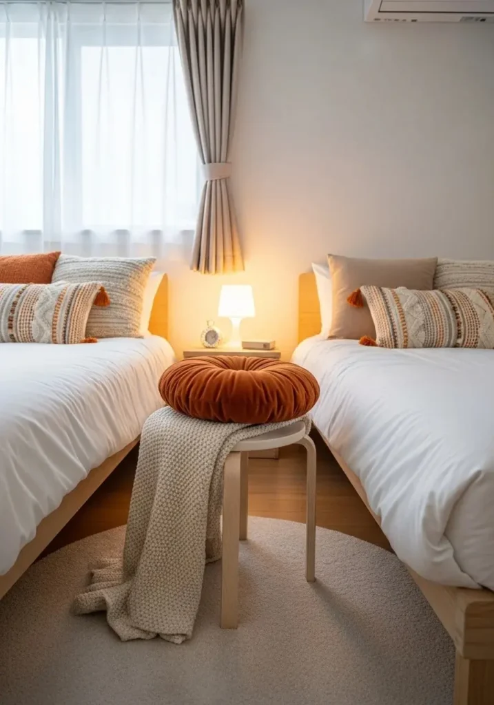 Cozy corner seating in guest bedroom with twin beds for added comfort and function