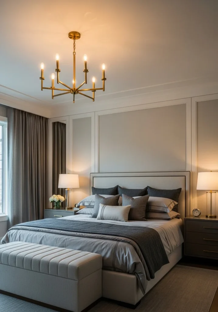 Elegant bedroom featuring a statement chandelier and layered lighting for grown woman style.