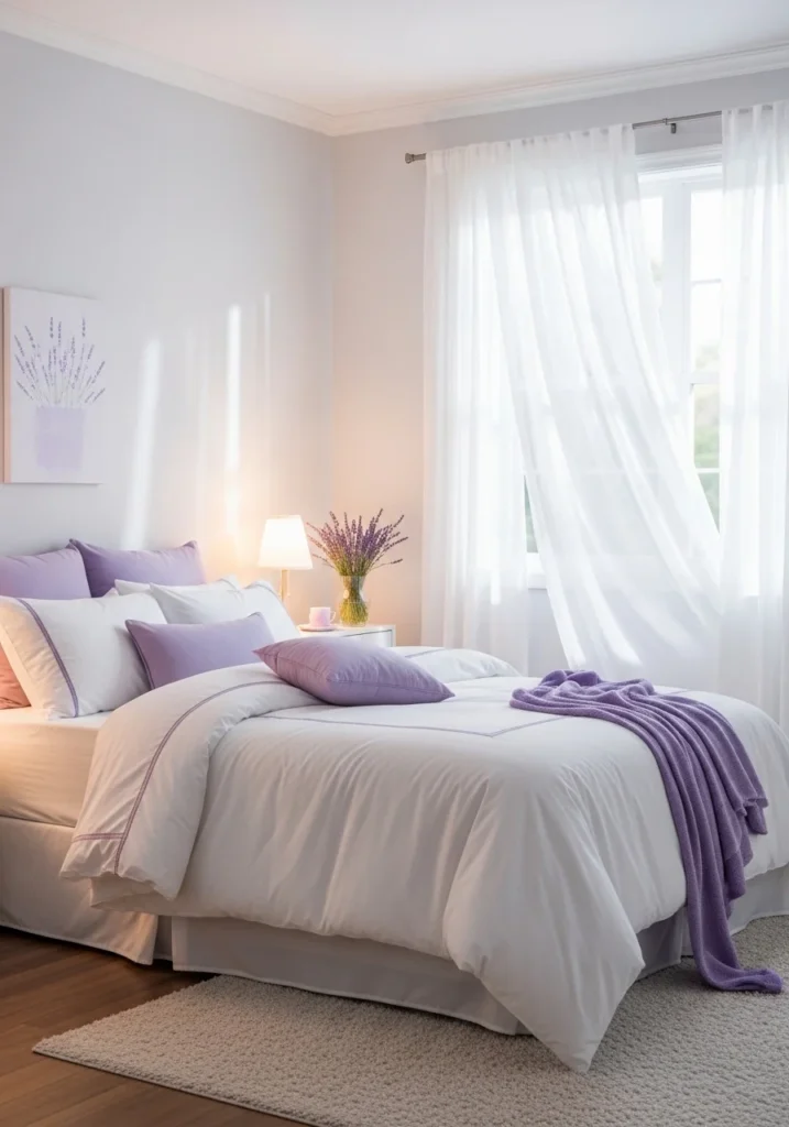 Lavender and white bedroom for a soft dreamy and peaceful vibe