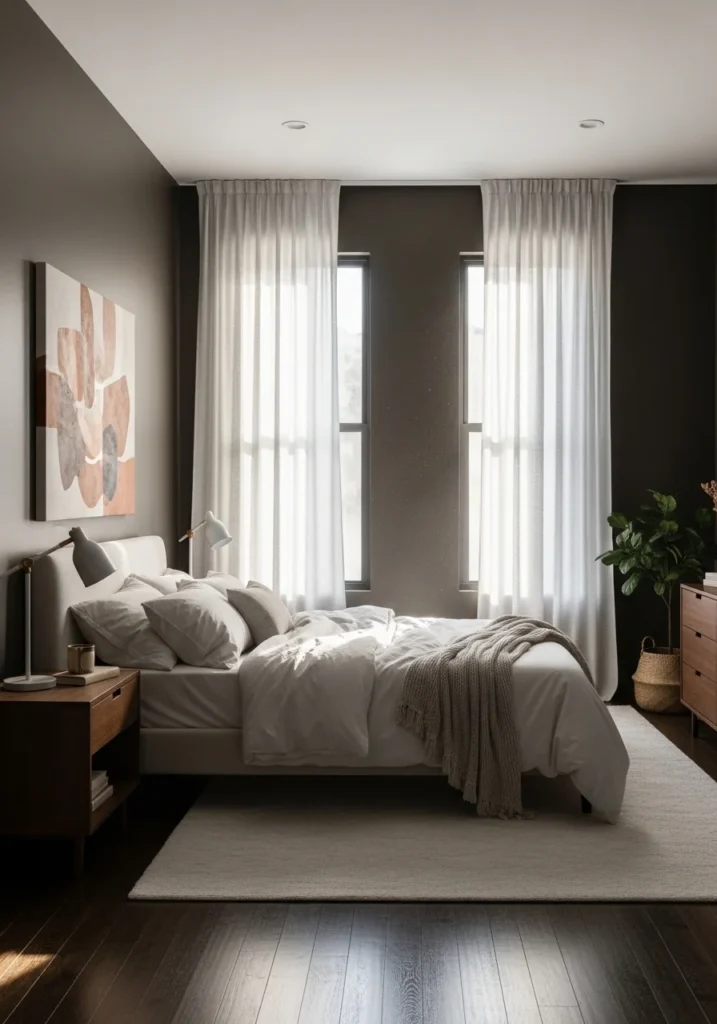 Urban bronze bedroom with light curtains creating soft contrast and brightness