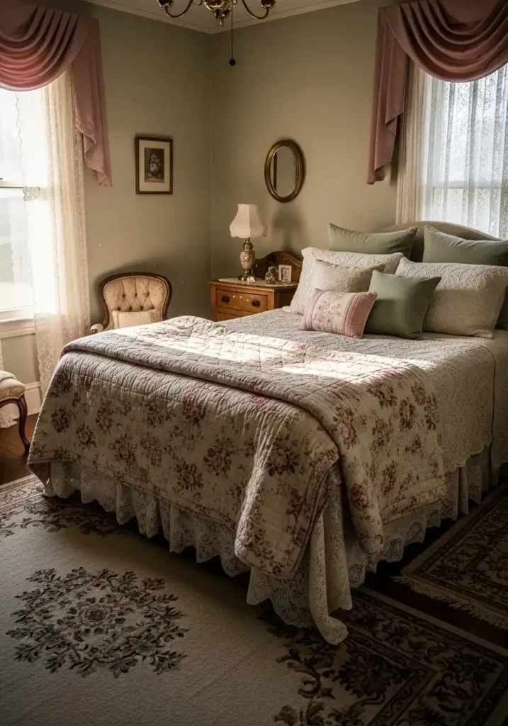 vintage inspired bedding lace quilt antique bedroom idea