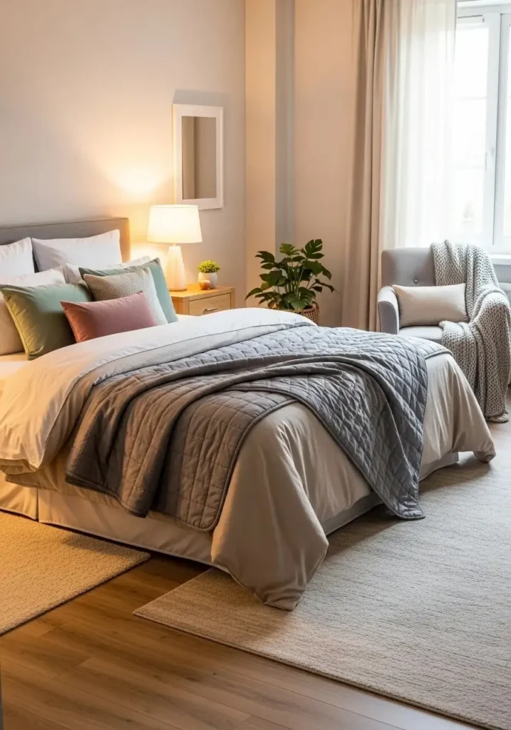 Luxurious bed with layered bedding and neutral accent pillows in a grown woman’s bedroom