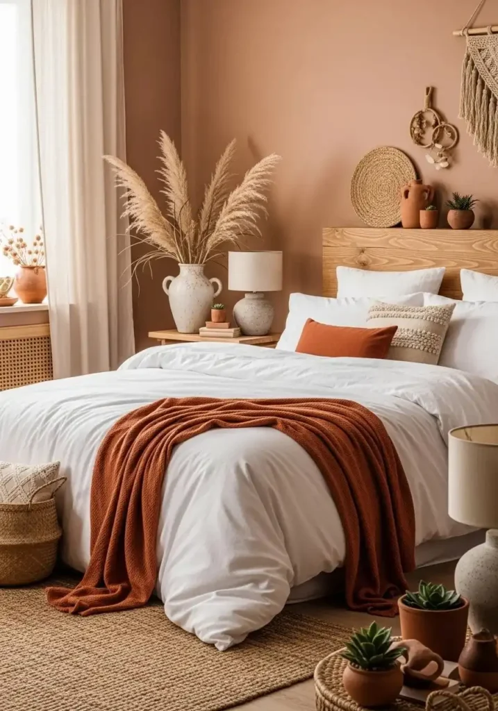 Terracotta and white bedroom creating a warm earthy and inviting atmosphere