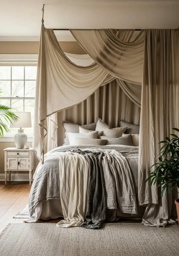 Canopy bed with layered fabrics creating a relaxed, textured, and cozy bedroom look.