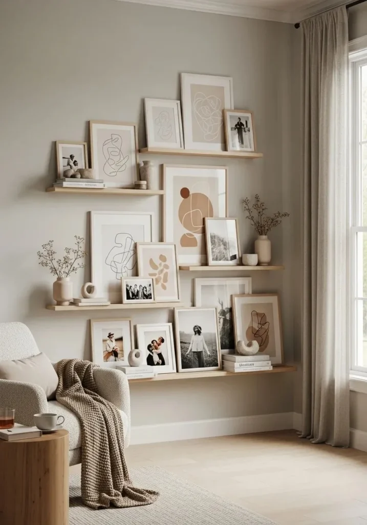 Floating shelf gallery wall with layered frames for a relaxed and stylish bedroom