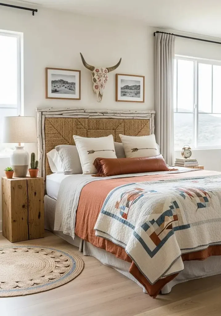 Coastal cowgirl bedroom featuring a textured driftwood or woven headboard.