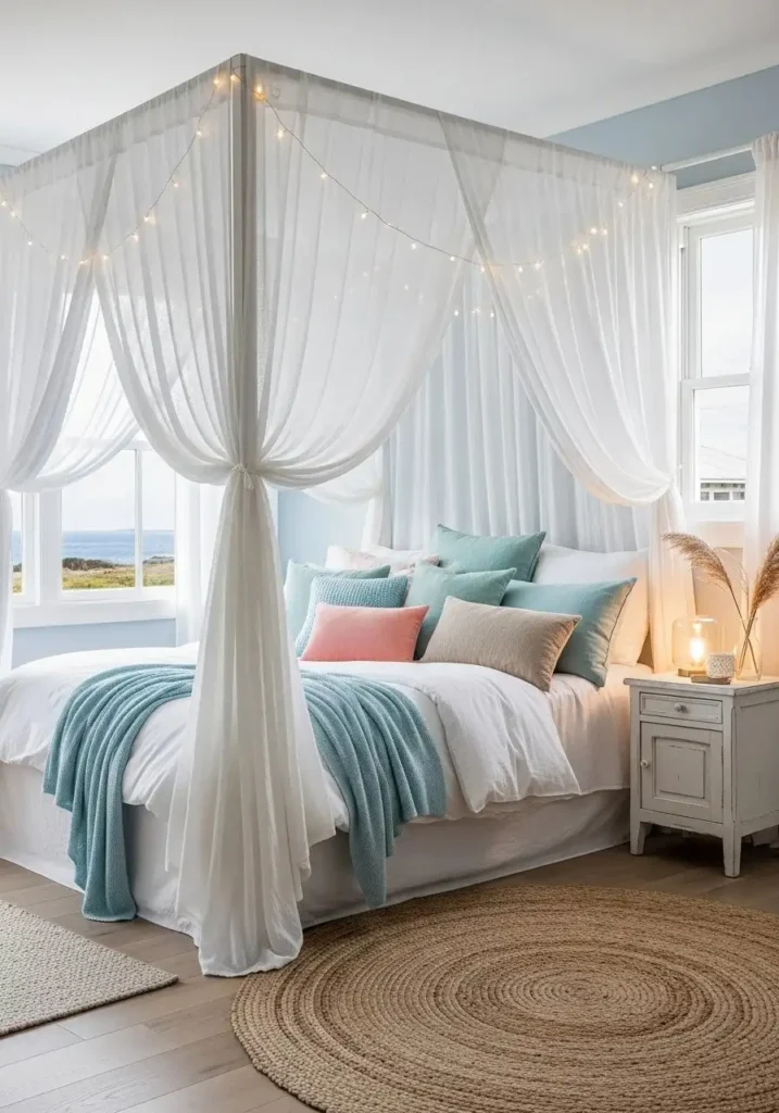 Coastal bedroom with a white canopy bed, sheer drapes, fairy lights, and soft pastel accents creating a dreamy ambiance