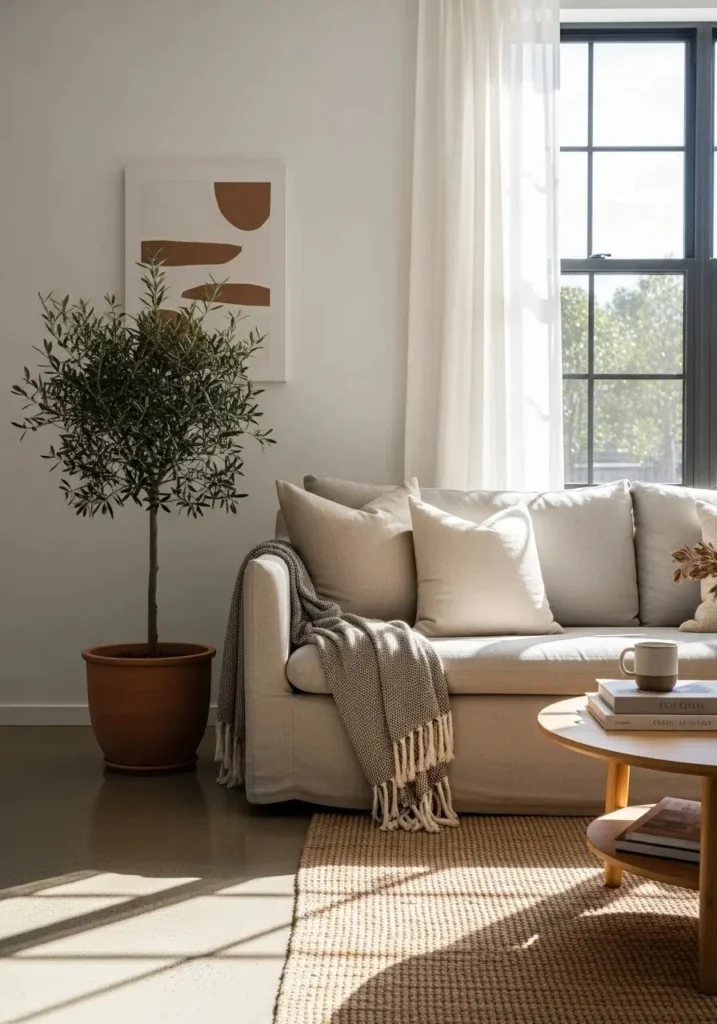 Japandi living room featuring a small indoor plant in a neutral planter.