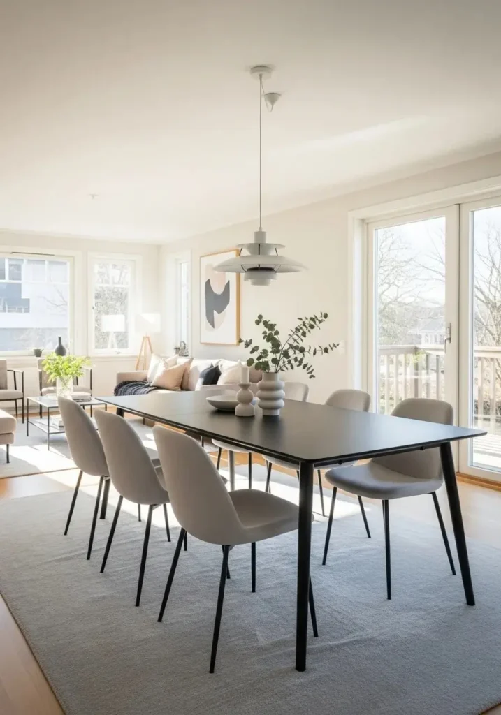 Black dining table with light chairs in open living area, creating cohesive, stylish, and balanced space.