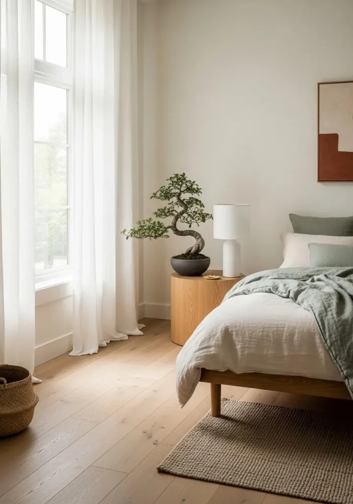 Japandi bedroom featuring a small indoor plant as a focal point.