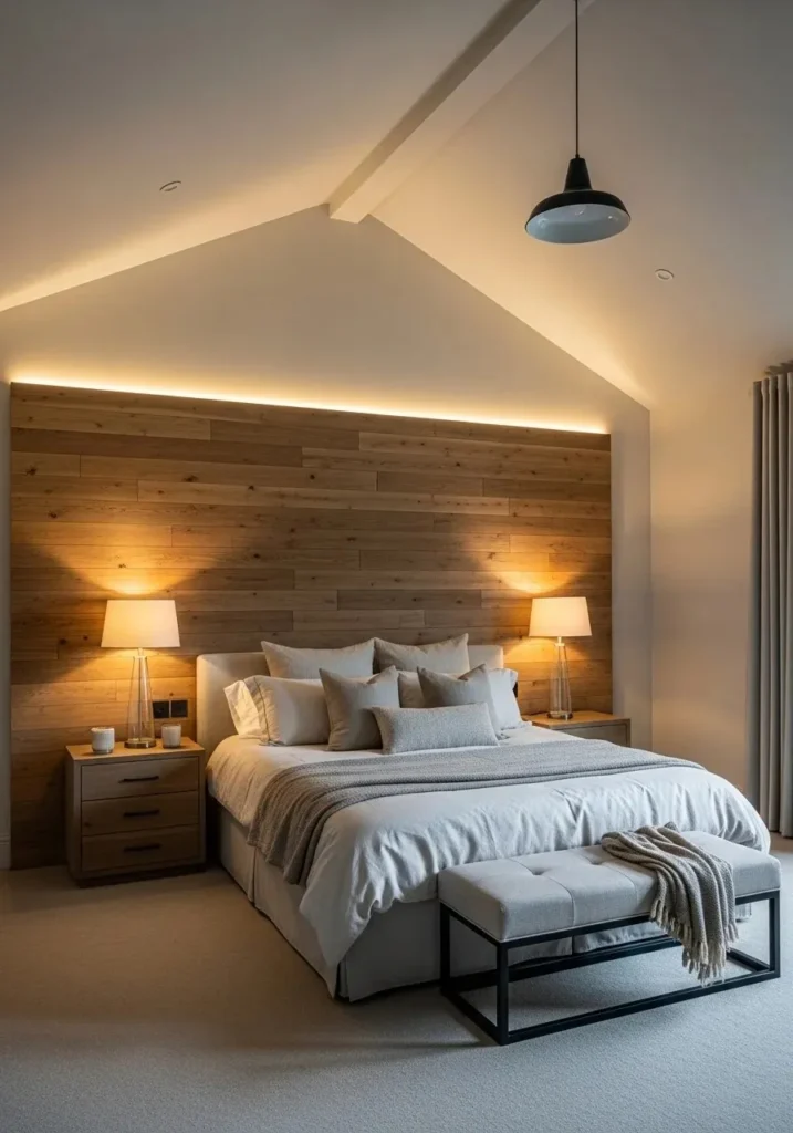 vaulted ceiling bedroom feature wall behind bed