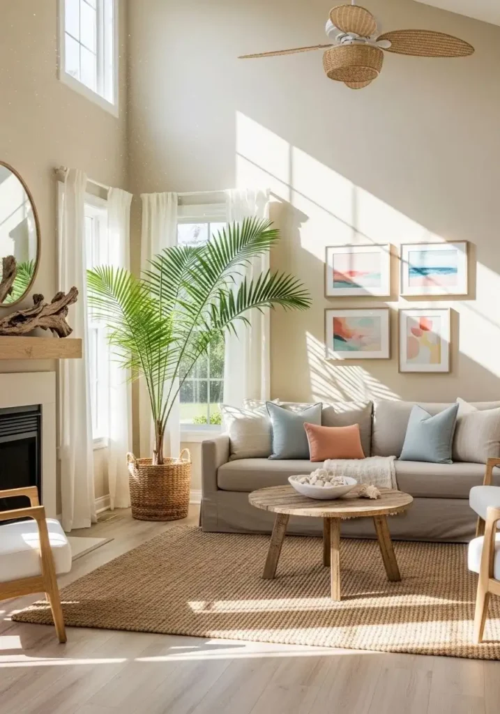 Beach living room with indoor plants adding freshness and natural feel