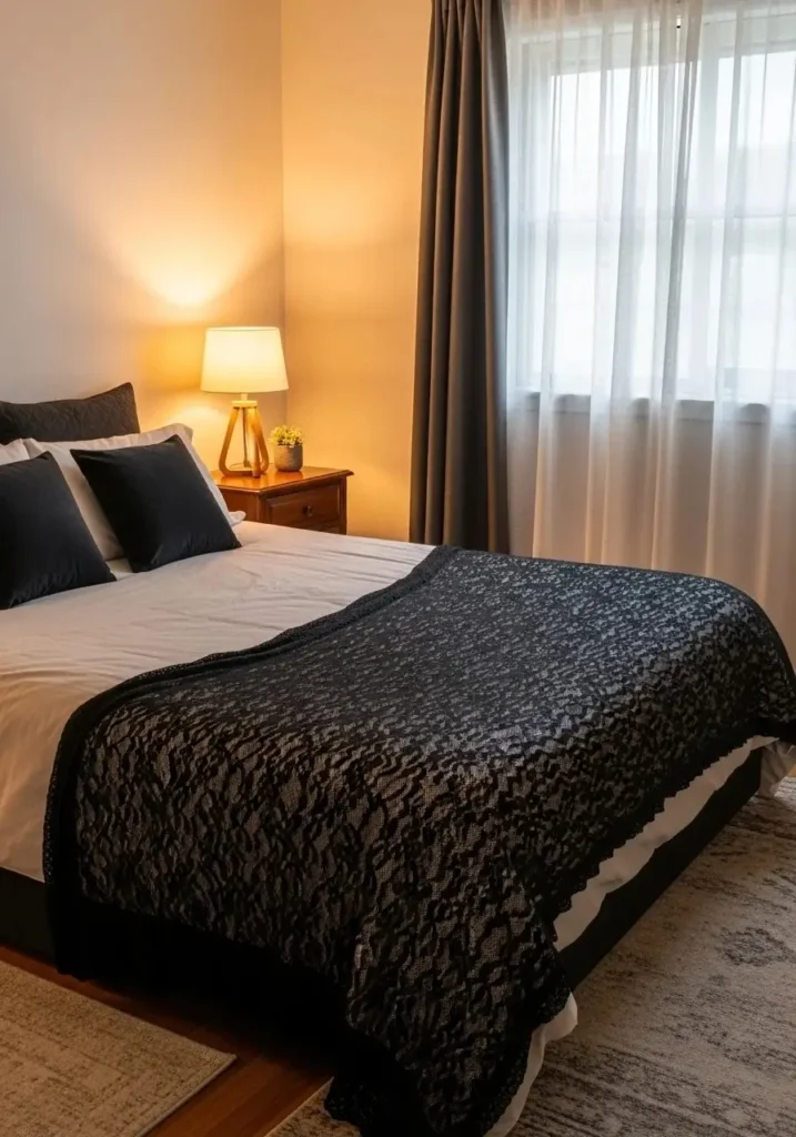 Halloween bedroom featuring black lace throw on neutral bedding for elegant spooky accents