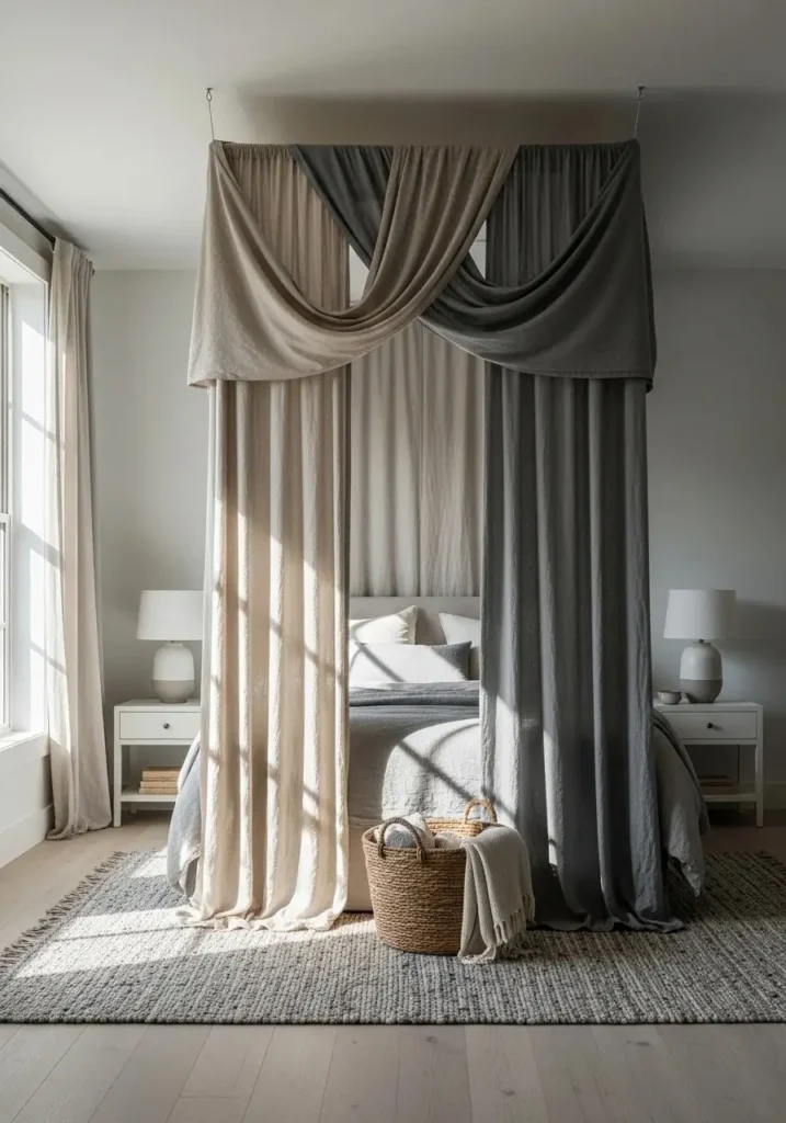 Relaxed canopy bed draped with soft linen in neutral shades, creating an airy, casual bedroom vibe.
