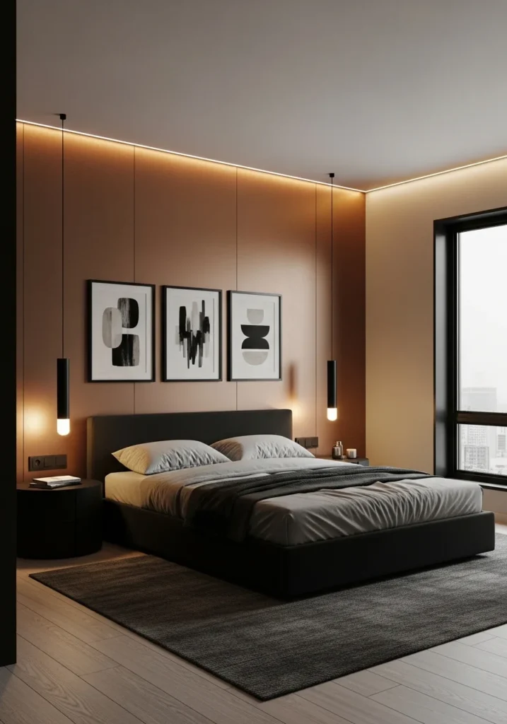 Urban bronze bedroom with black accents for a modern and stylish contrast