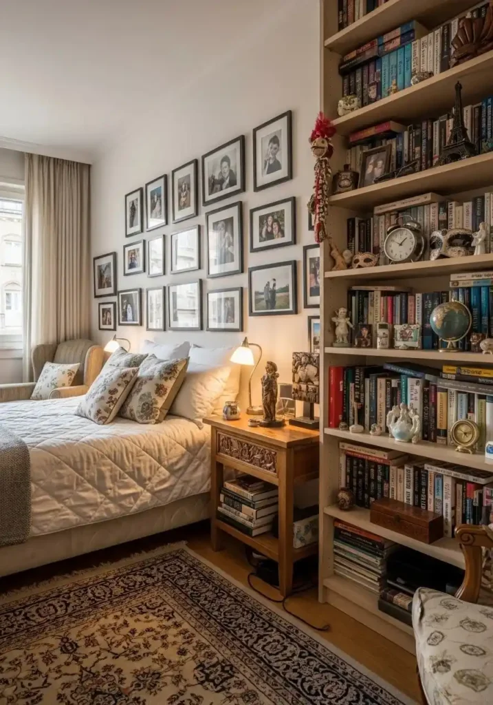 Personalized grown woman bedroom with meaningful decor items like photos, books, and souvenirs