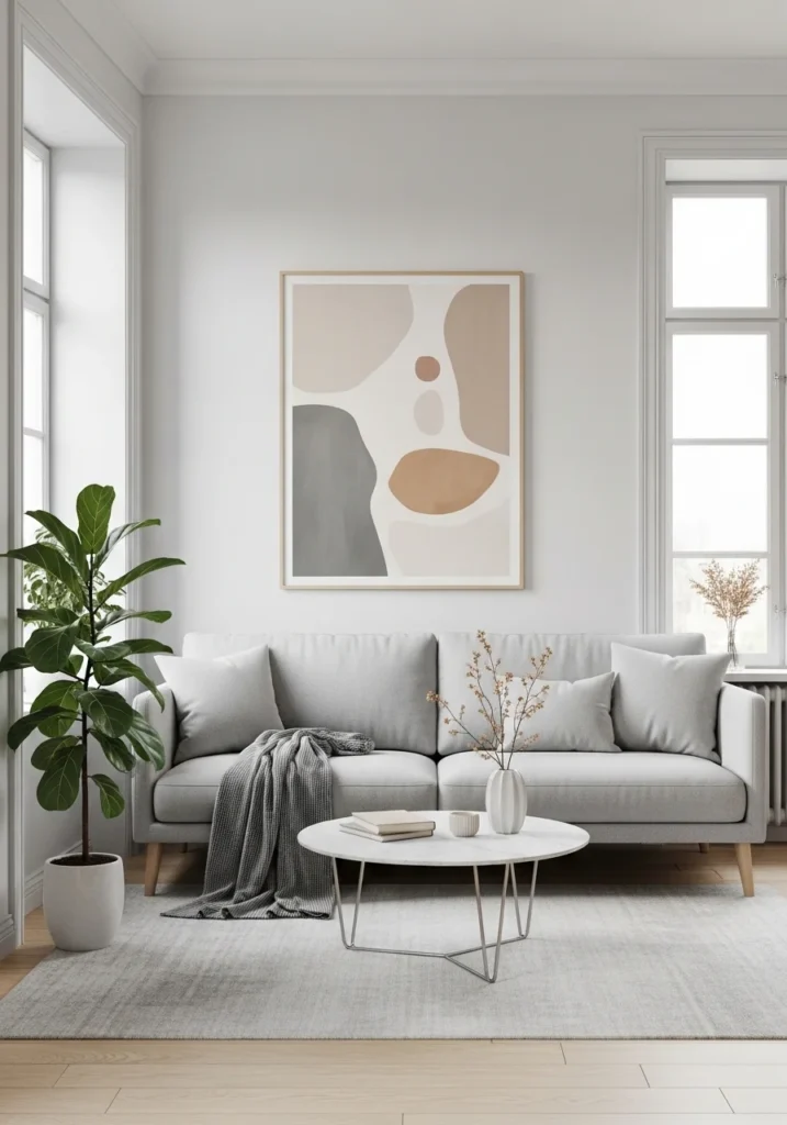 Japandi living room wall with simple, neutral-toned artwork.
