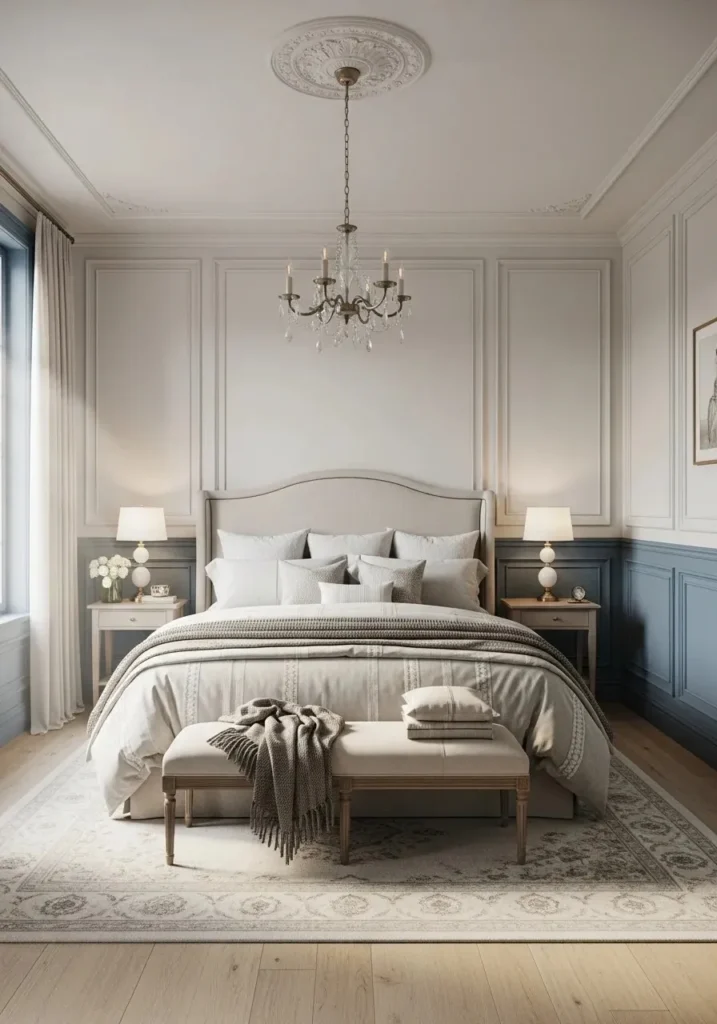French blue wall panels or wainscoting elevating the design of a stylish bedroom