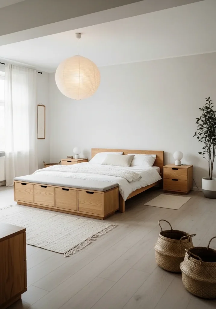 Multi-functional Japandi bedroom furniture for efficient, clutter-free living.