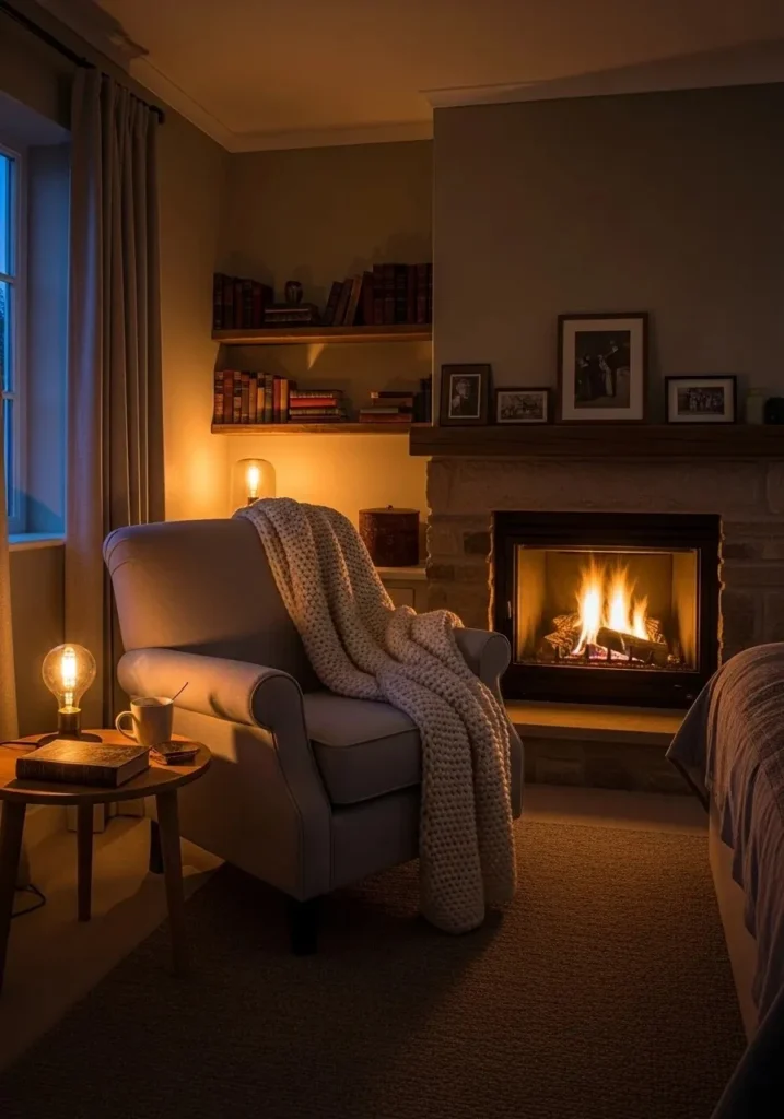 Bedroom fireplace with cozy seating nook and armchair