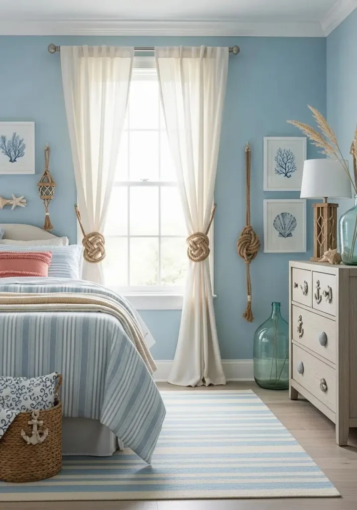 Coastal granddaughter bedroom featuring rope and nautical-inspired details like tiebacks and drawer handles