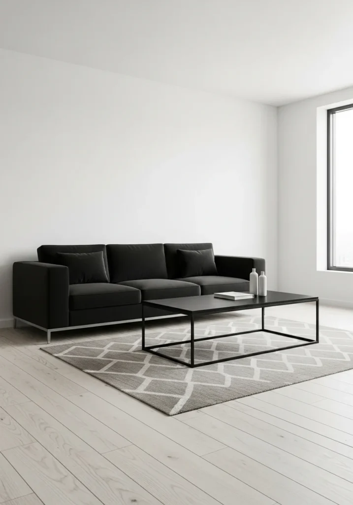 Black furniture contrasted against white walls with light wooden floors, balancing boldness with brightness.