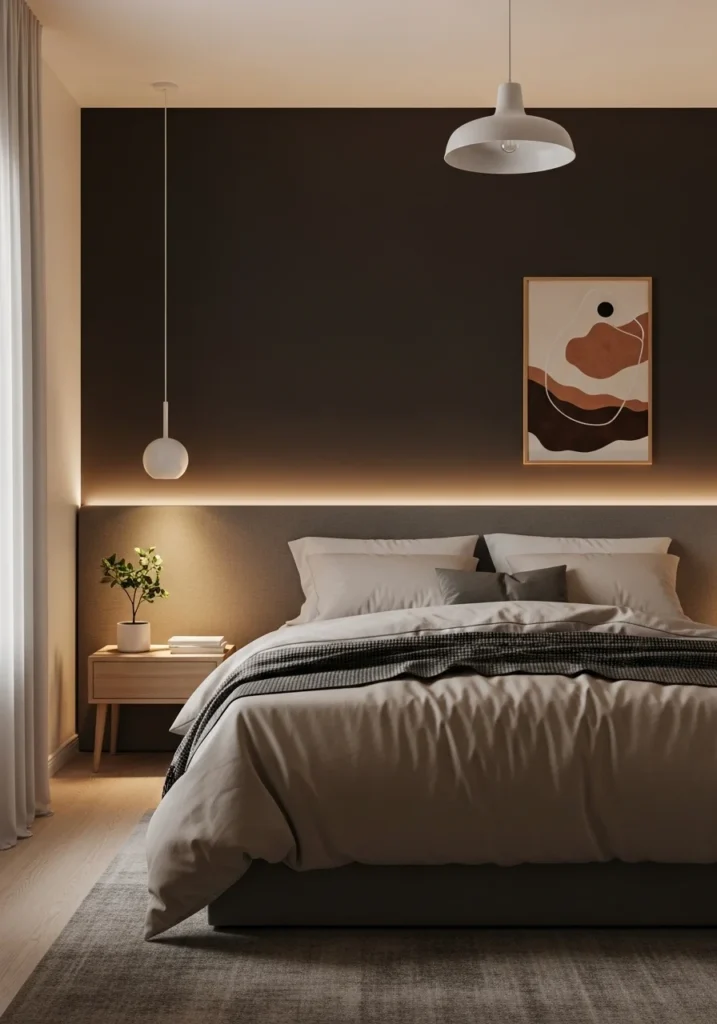 Urban bronze accent wall bedroom with soft neutral bedding and warm lighting