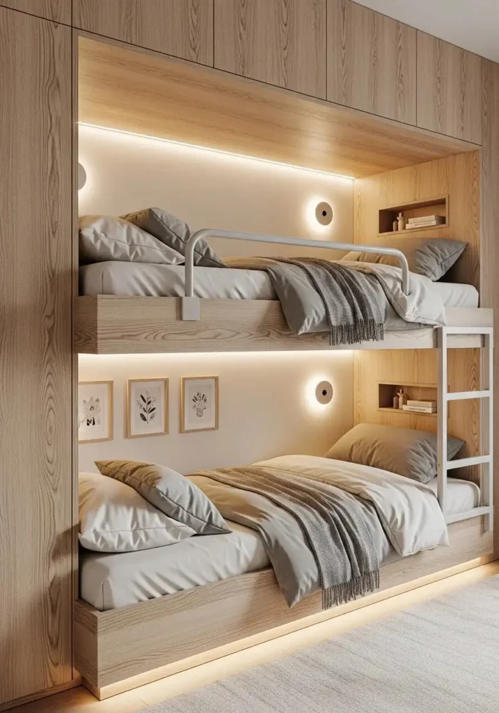 built in bunk beds with shelves and soft lighting in a modern small bedroom