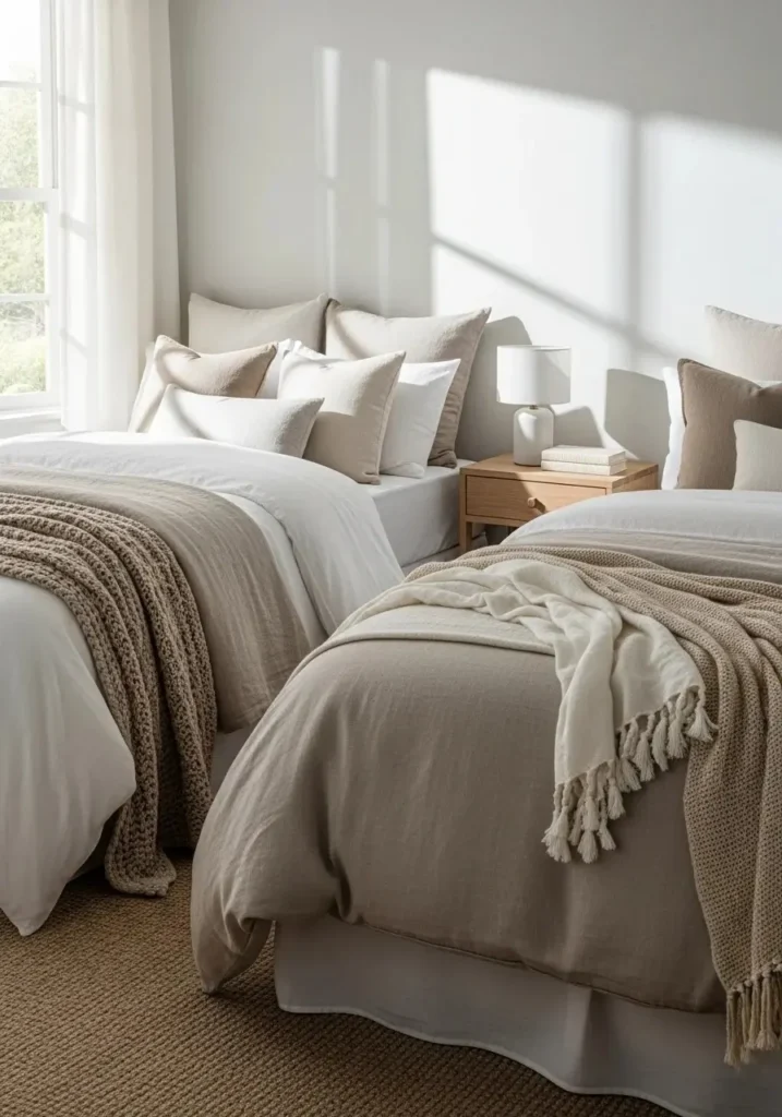 Twin beds with soft neutral bedding in beige and ivory tones for a relaxing guest room