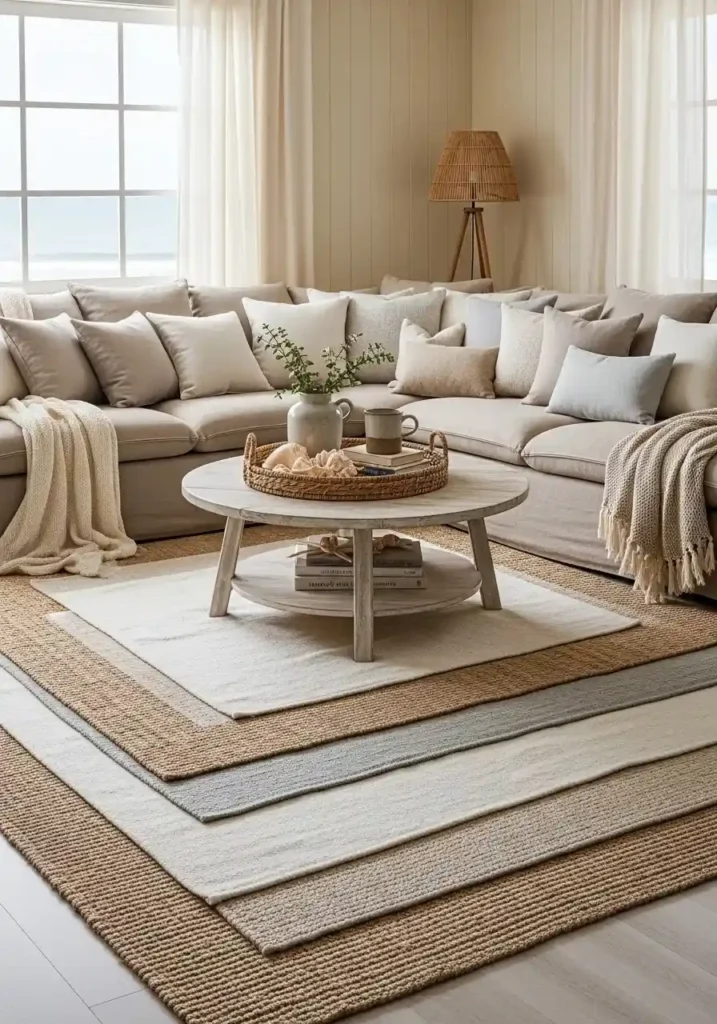 Layered rugs in beach living room adding softness and texture