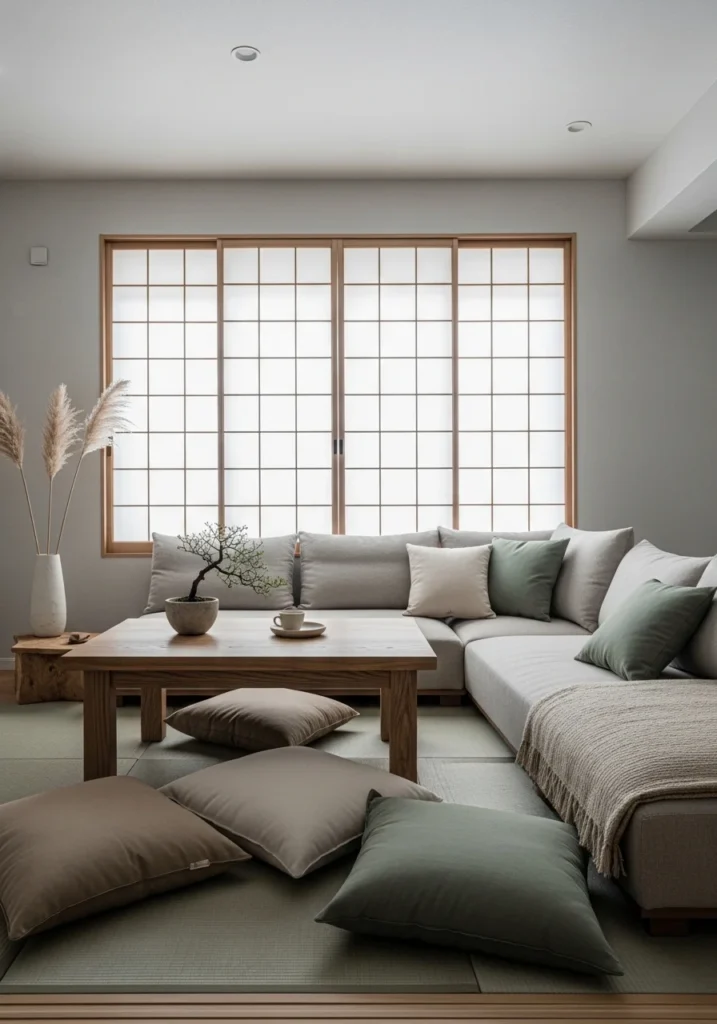 Low furniture Japanese living room with floor seating and a calm minimalist layout