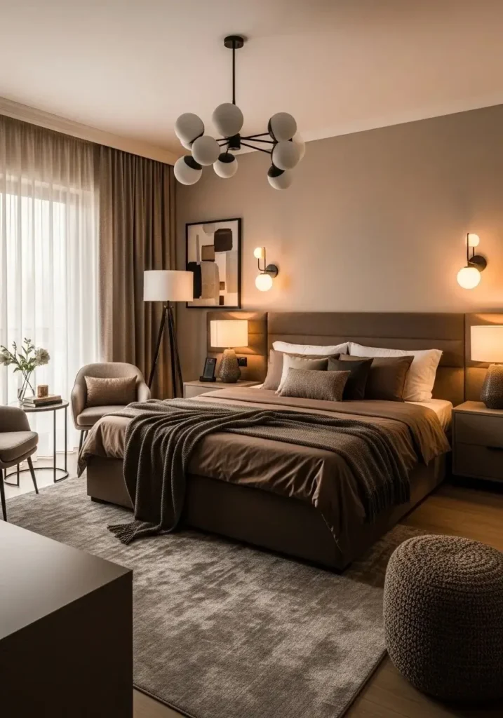 Urban bronze bedroom with layered lighting creating a cozy warm glow