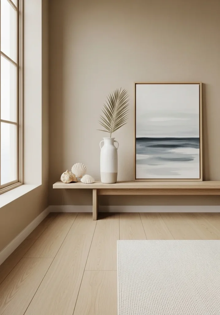 Minimal beach decor creating a calm and uncluttered coastal living room
