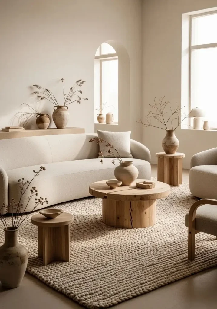 living room with organic shaped furniture including curved sofa and round table